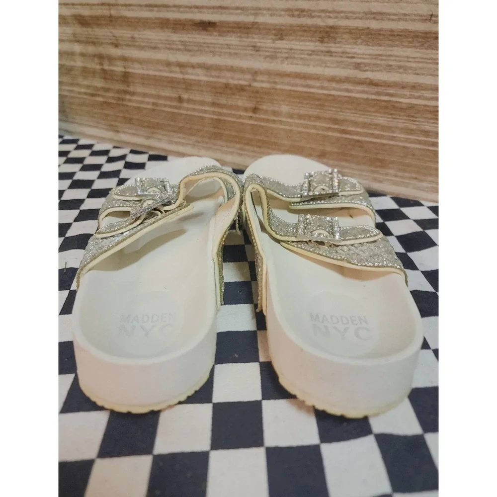 Madden NYC Women's Rhinestone Double Buckle Slide Sandals White Size 8.5